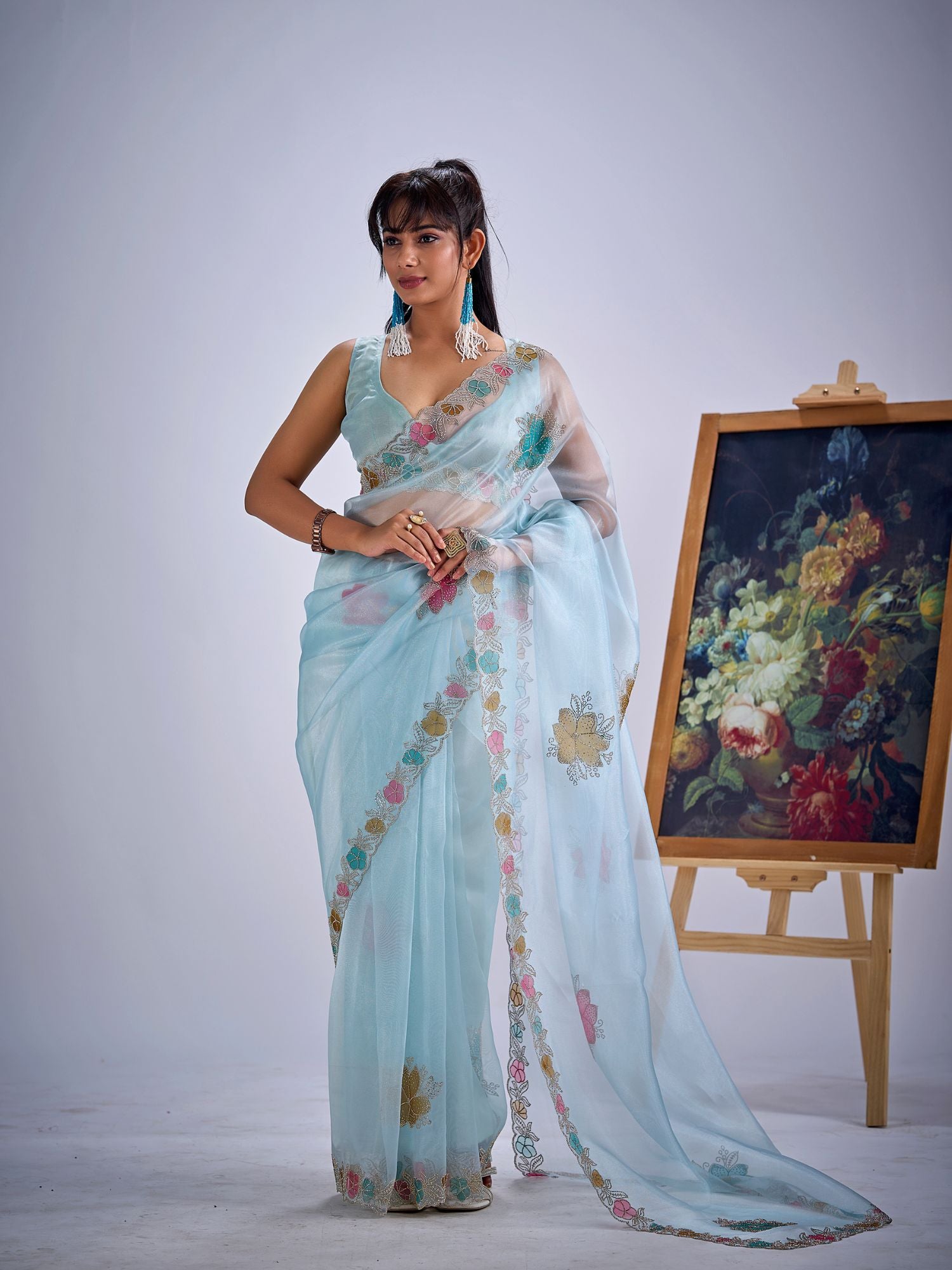 Organza Sky Blue Saree with Embroidery