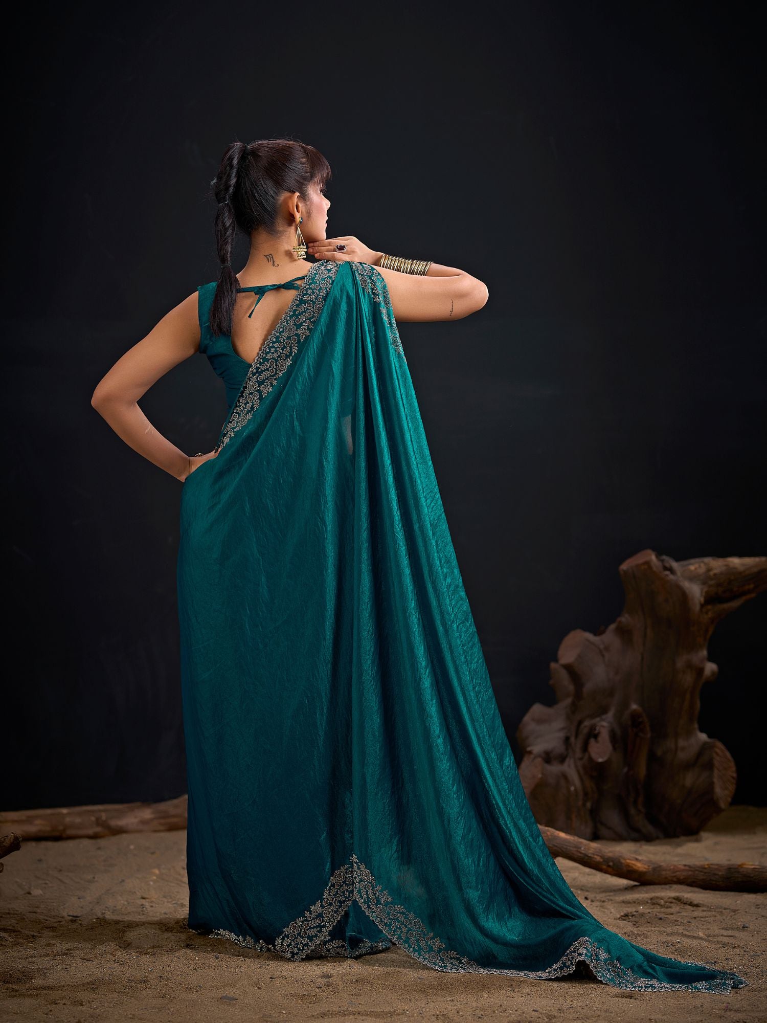 Teal Blue Art Silk Embroidered Belted Saree