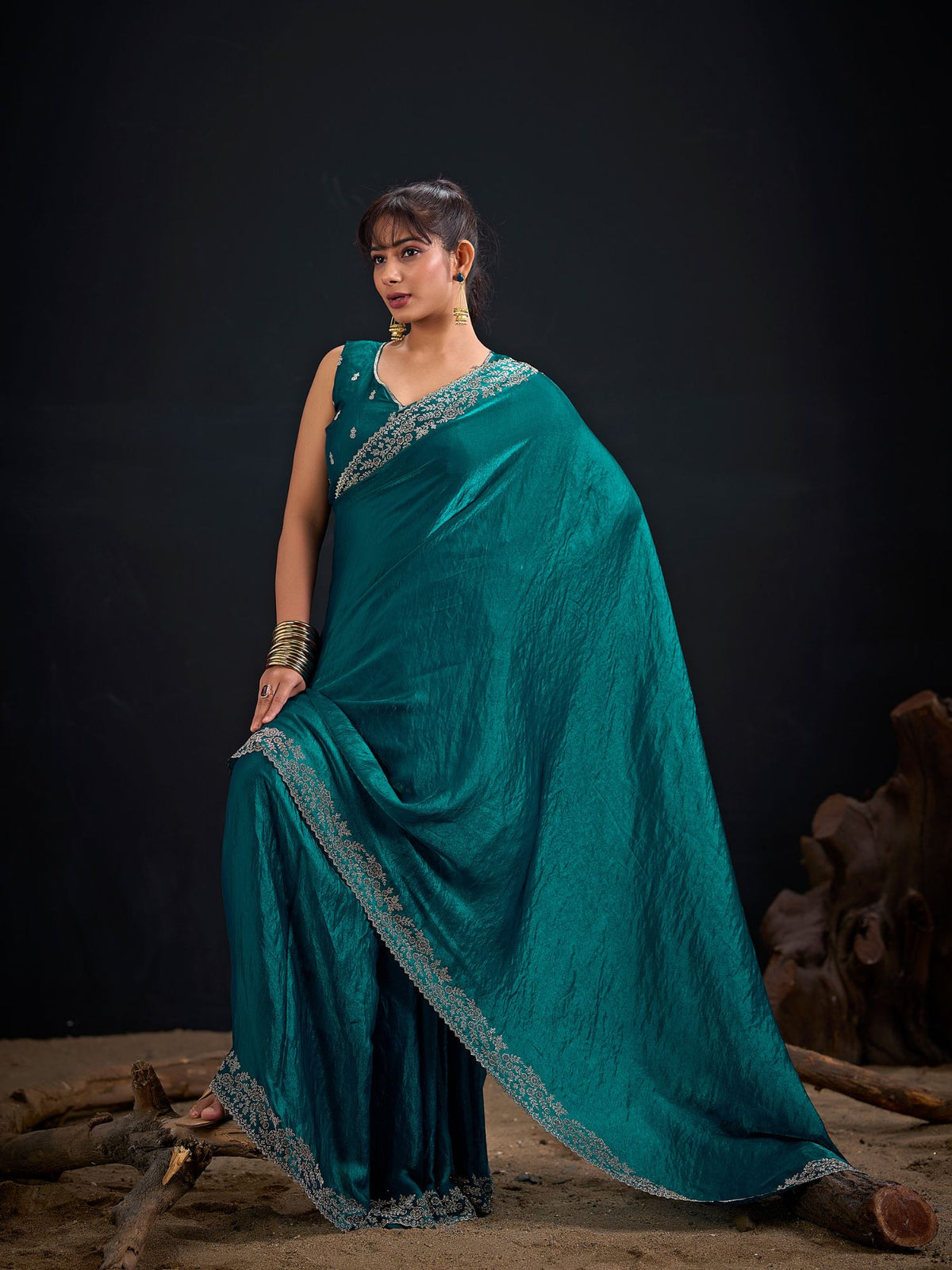 Teal Blue Art Silk Embroidered Belted Saree