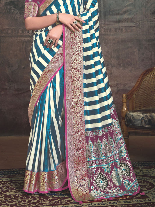 Teal Blue Art Silk Striped Saree