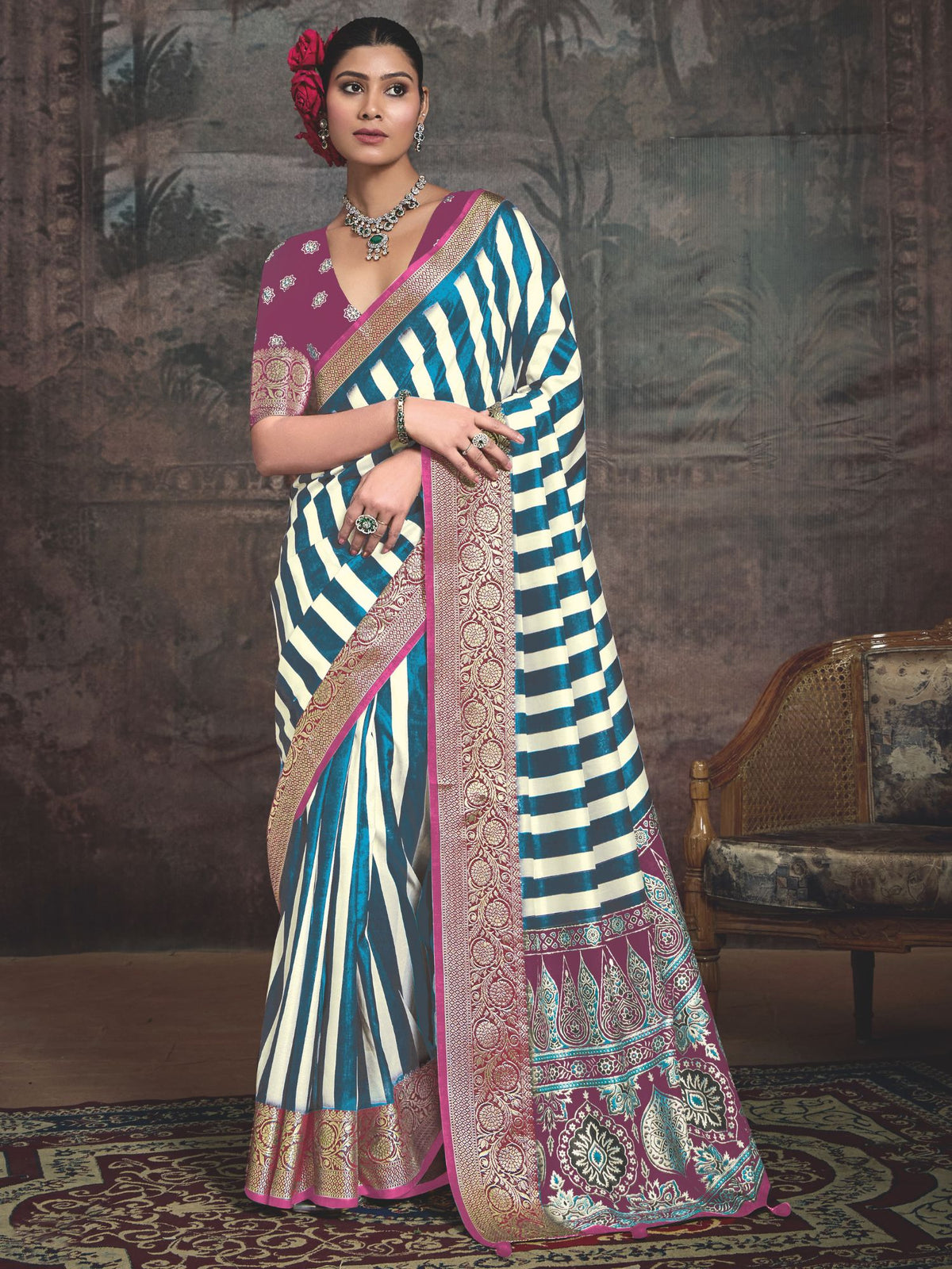 Teal Blue Art Silk Striped Saree