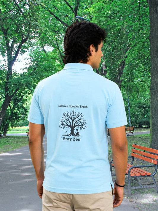 Men's Sky Blue Stay Zen Graphic Printed Polyblend Polo T-Shirt
