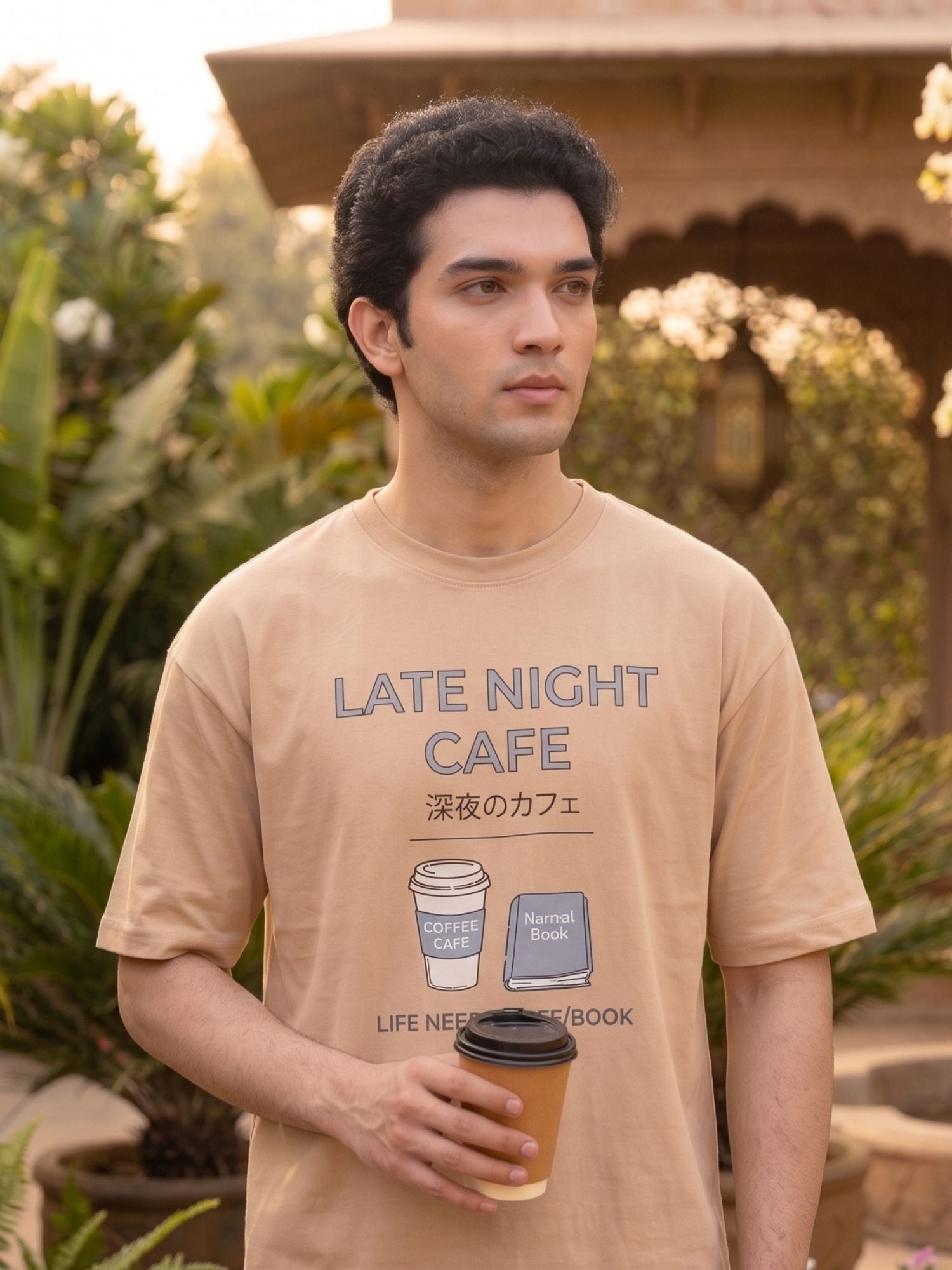 Men’s Beige Graphic Printed Oversized T-Shirt