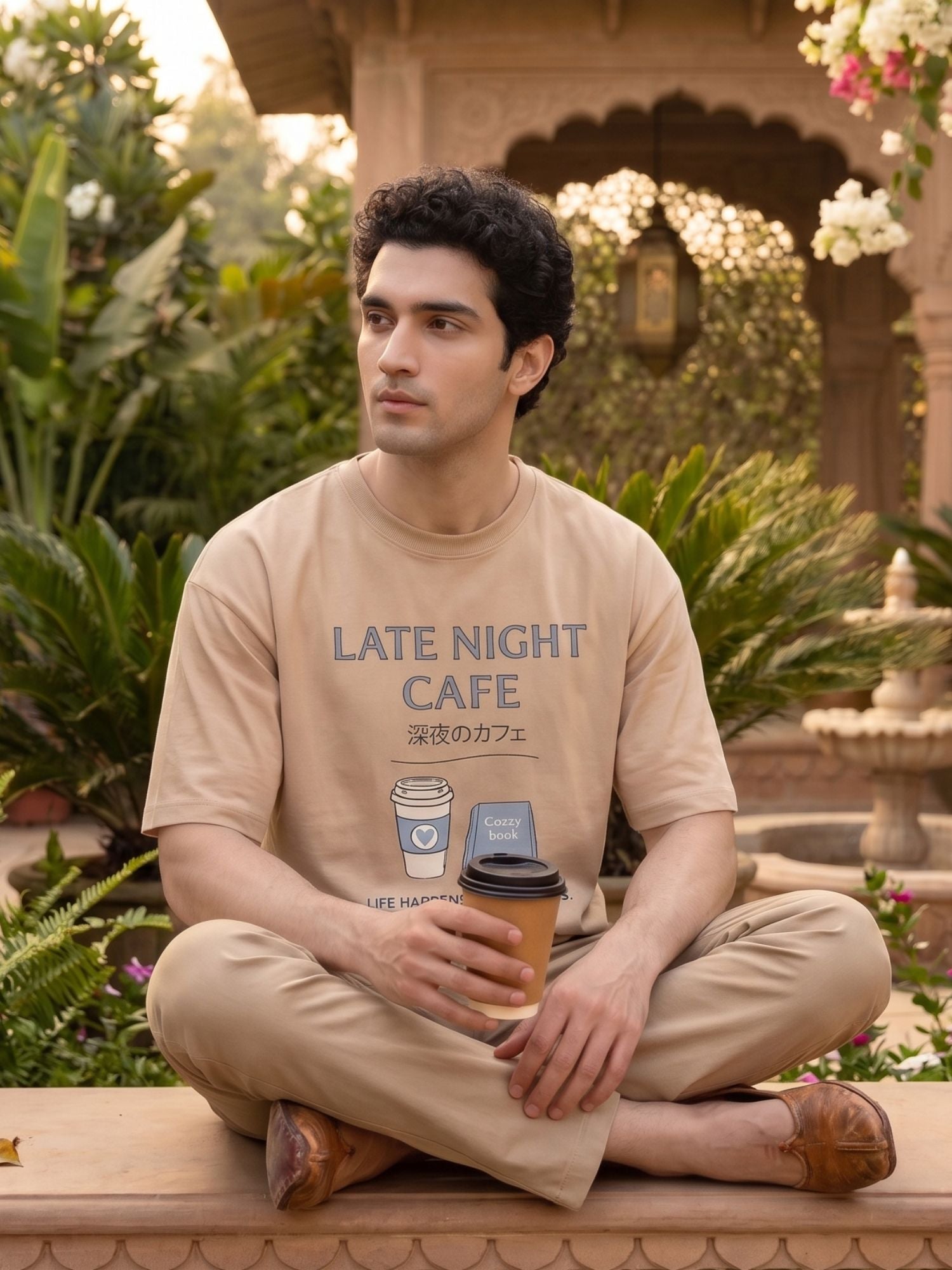 Men’s Beige Graphic Printed Oversized T-Shirt