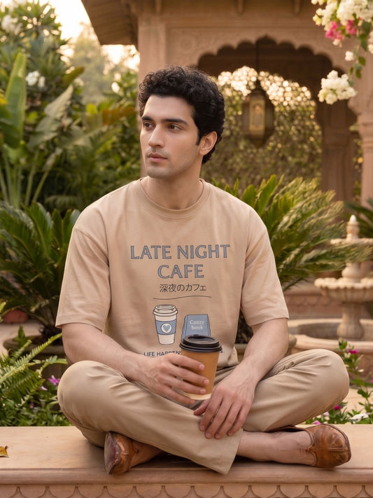 Men’s Beige Graphic Printed Oversized T-Shirt