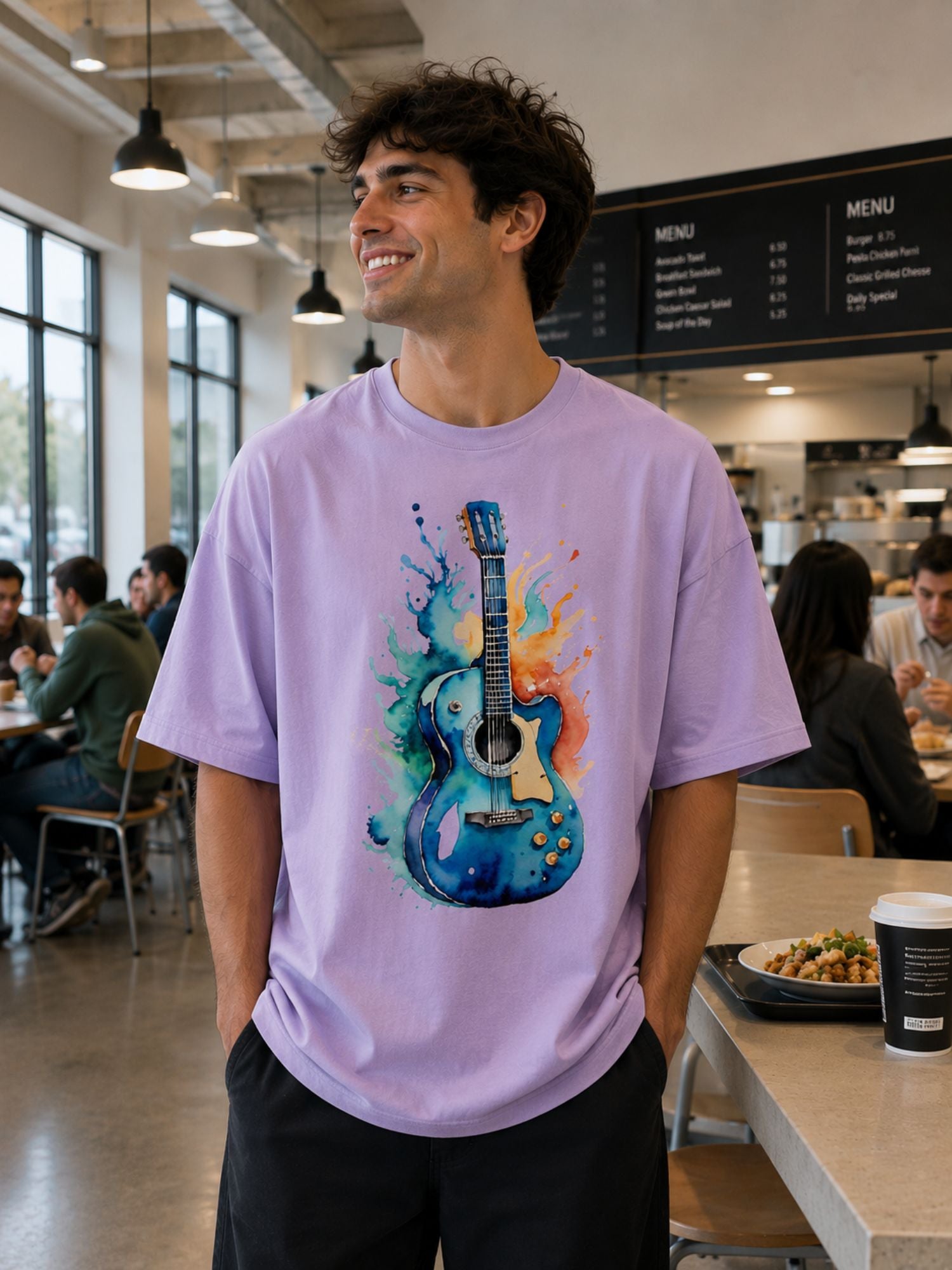 Men’s Oversized Lavender Guitar Graphic Cotton T-Shirt