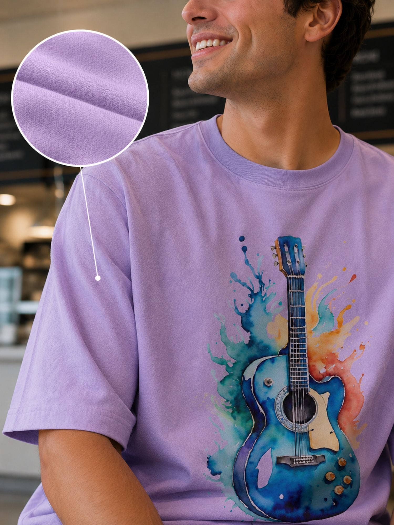 Men’s Oversized Lavender Guitar Graphic Cotton T-Shirt