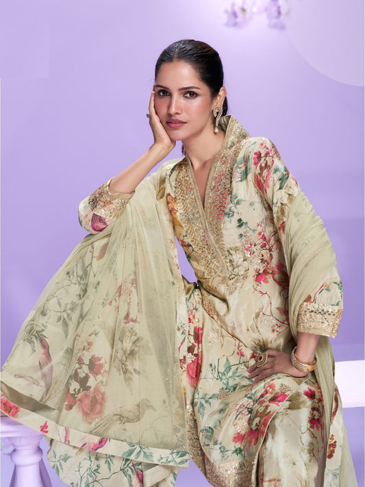 Beige Digital Printed Palazzo Suit