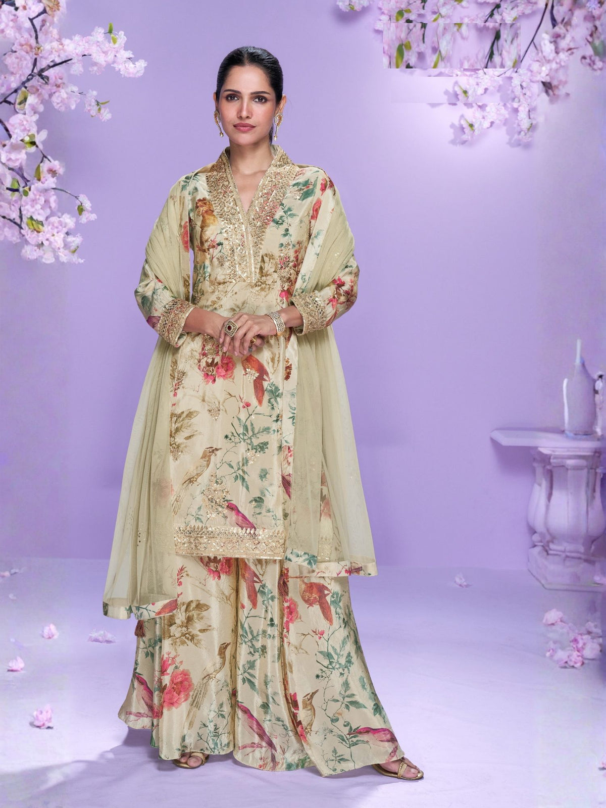Beige Digital Printed Palazzo Suit