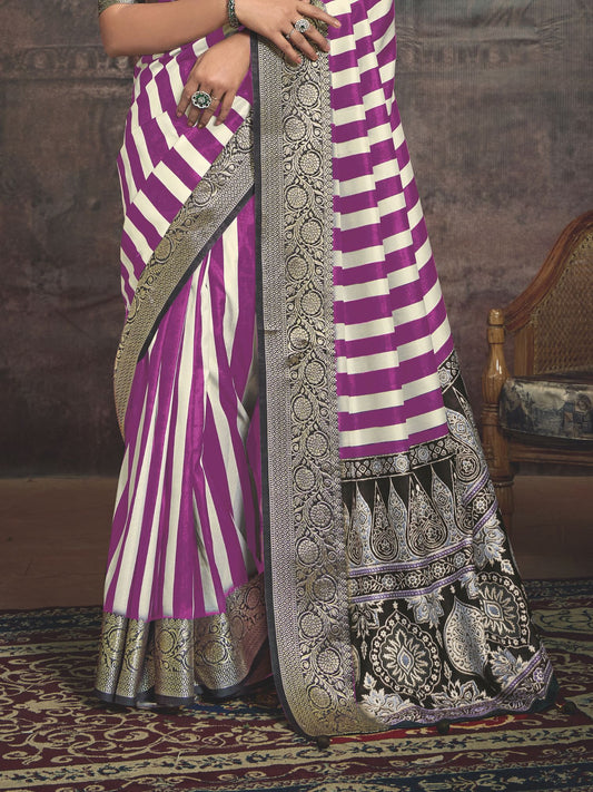 Purple and White Art Silk Striped Saree