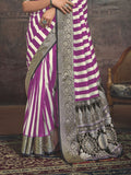 Purple and White Art Silk Striped Saree