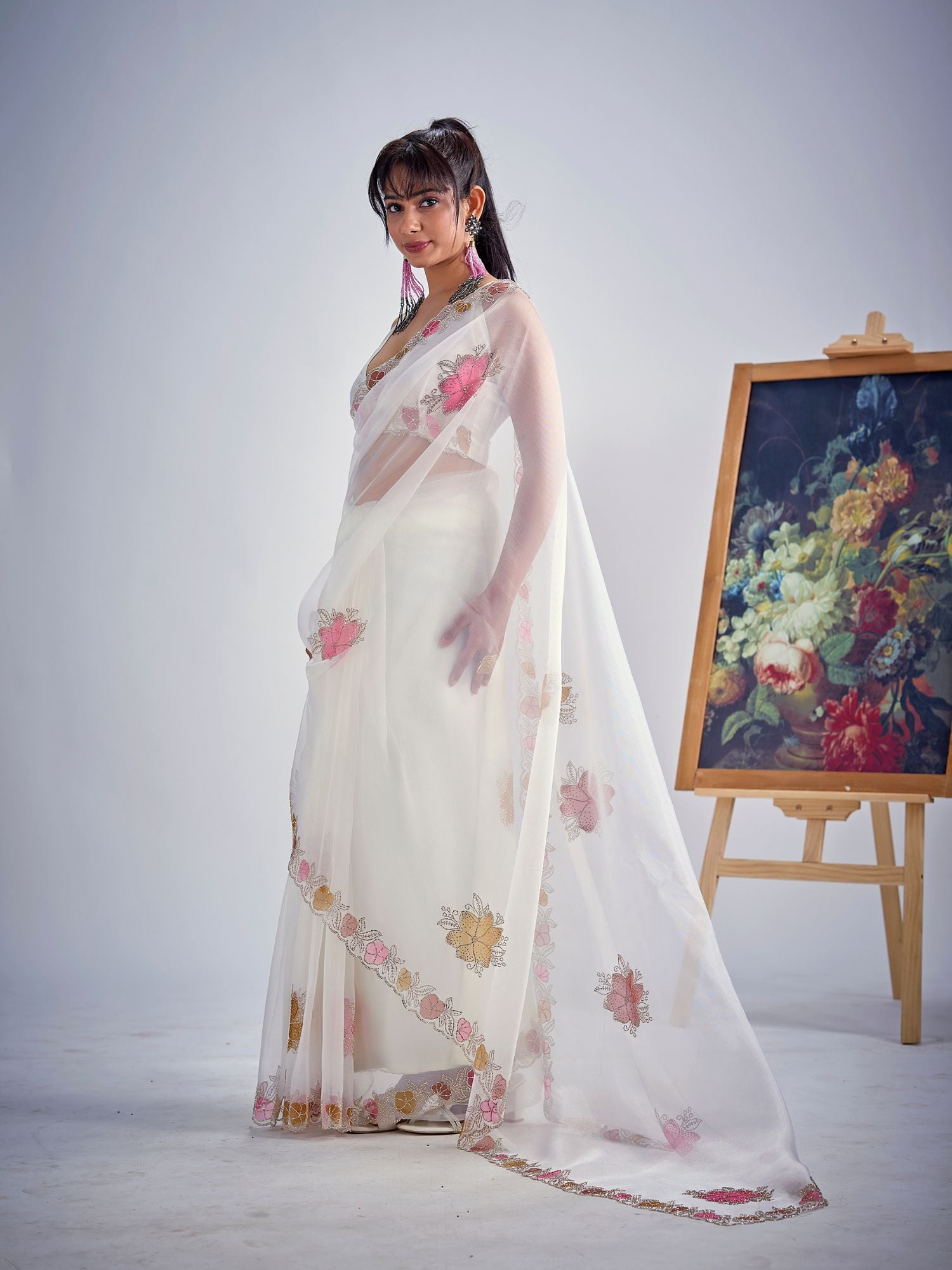 White Organza Saree With Floral Embroidery
