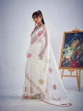 White Organza Saree With Floral Embroidery