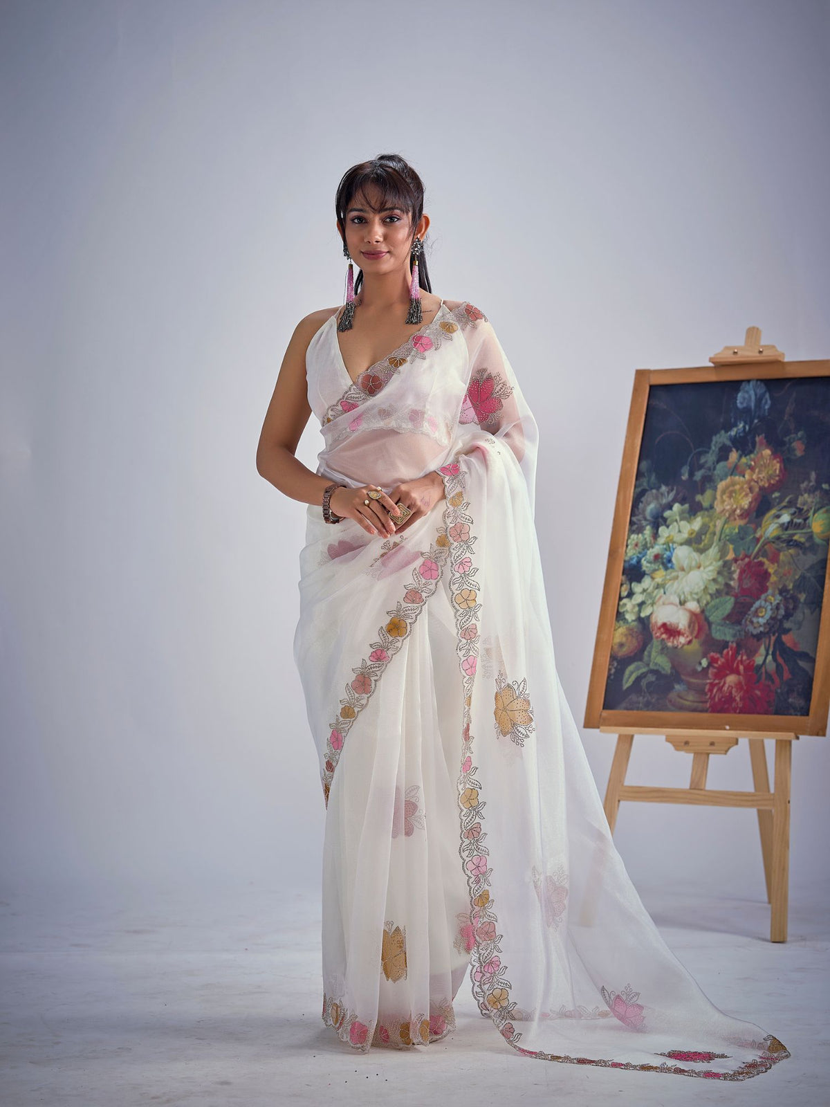 White Organza Saree With Floral Embroidery