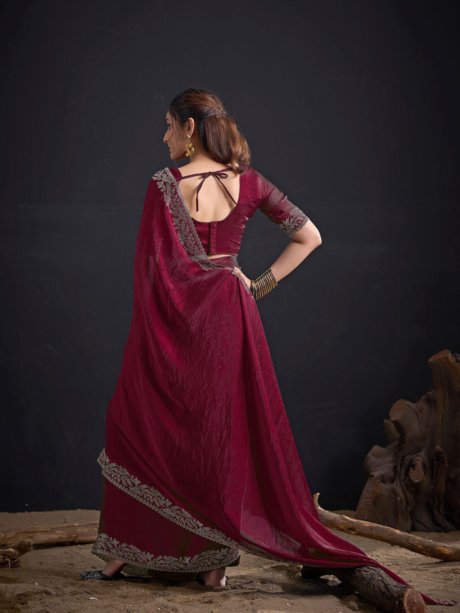 Wine Art Silk Embroidered Belted Saree