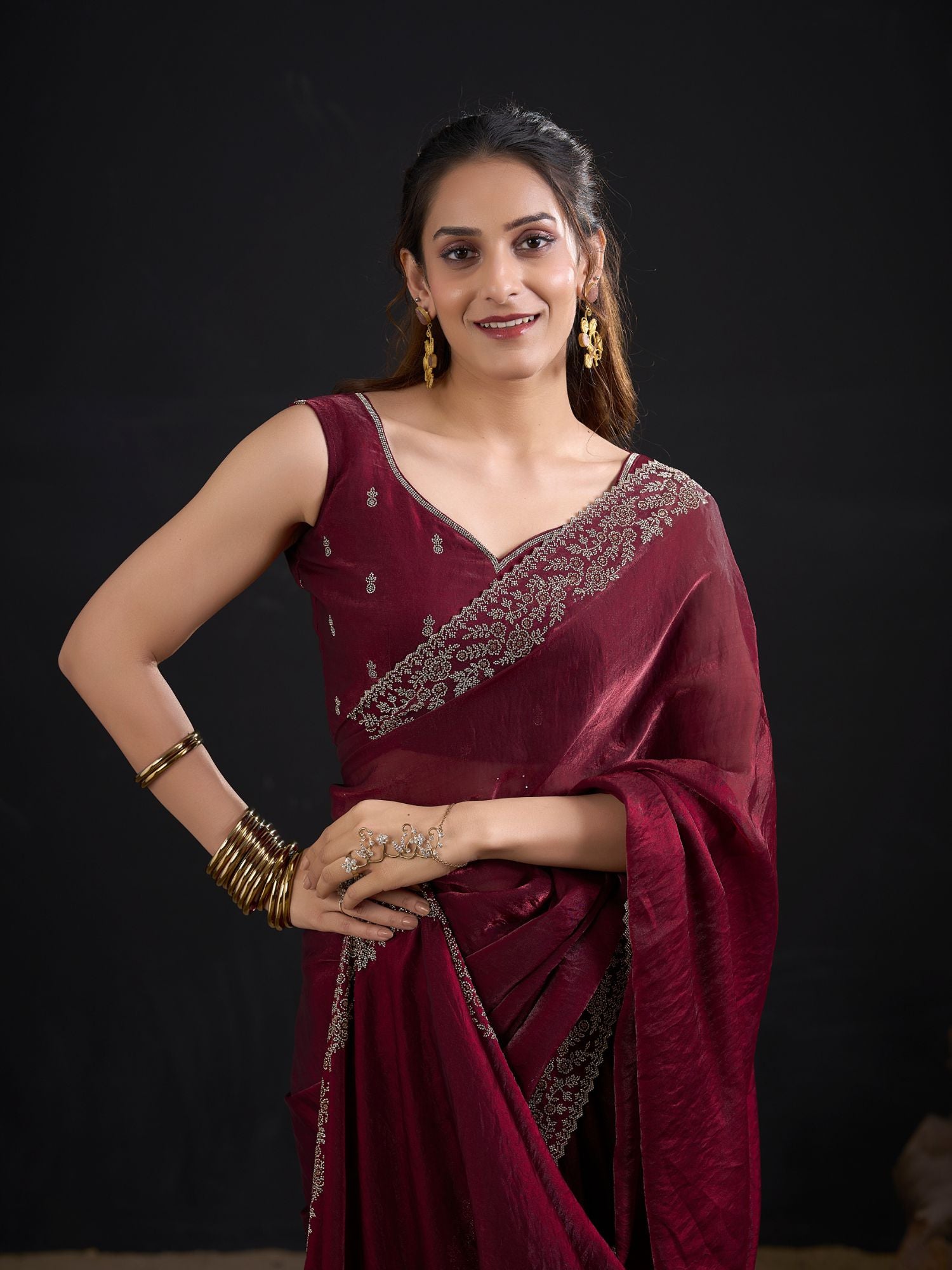 Wine Art Silk Embroidered Belted Saree
